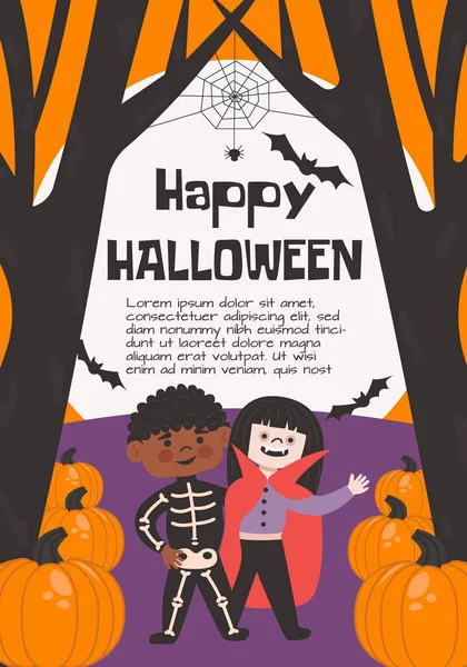 Halloween poster, wenskaart of ansichtkaart, banner, achtergrond. Donker bos, droge bomen, maar, grote maan, spin, pompoen en kinderen in vampier en skelet kostuum. Vector platte illustratie — Stockvector