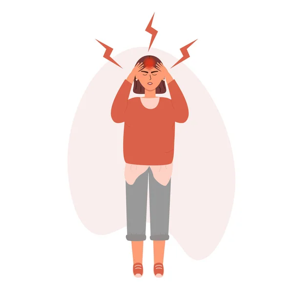 Mujer Joven Con Dolor Cabeza Migraña Sufrimiento Por Esto Ilustración — Vector de stock