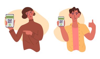 Aşılama belgesi düz çizgi film çizimi, genç erkekler ve kadınlar. Mobil uygulama veya ekranda Aşı QR kodlu akıllı telefon gösteriyorlar. Covid-19 Coronavirus Aşı Sertifikası