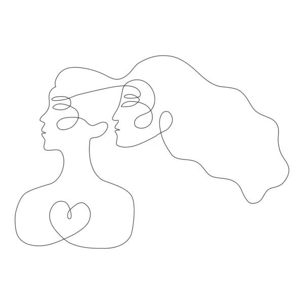 Duas Mulheres Enfrentam Abstrata Retrato Linha Contínua Ilustração Estilo Minimalista —  Vetores de Stock