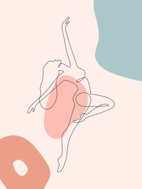Dans eden kadın aralıksız bir portre çiziyor. Özgürlük, mutluluk sembolü. Posterler, tişörtler, avatarlar, kartpostallar için modern minimalist stil illüstrasyon. Tek çizgi çizim grafik tasarımı.