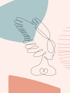 Kanatlı kadın yüzü soyut bir çizgi portresi. Posterler, tişörtler, avatarlar, kartpostallar ve broşürler için modern minimalist stil illüstrasyon. Tek çizgi çizim grafik tasarımı.