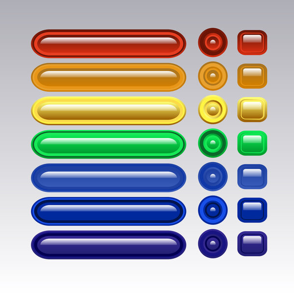 Colored glass buttons, long, round and square.