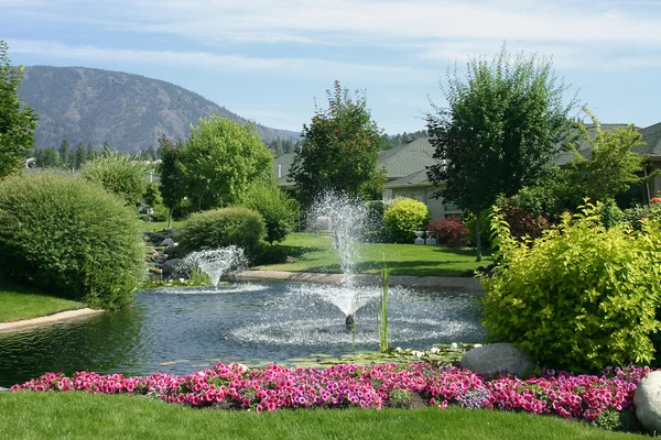 Hermoso paisajismo en una casa que incluye fuentes — Foto de Stock