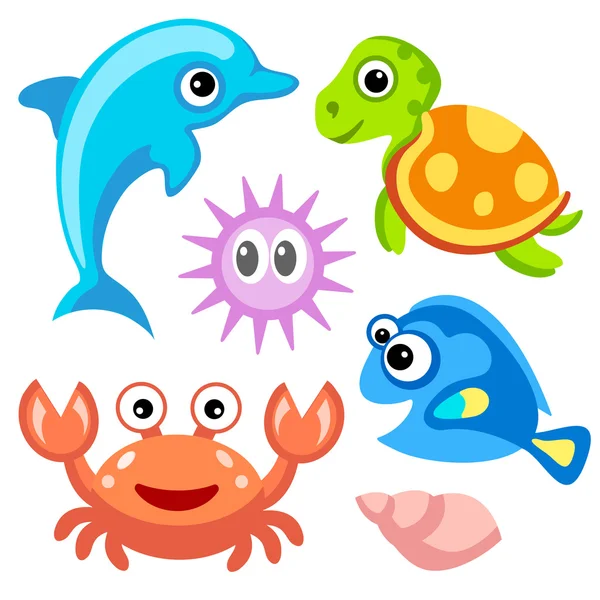 Water World: delfines, tortugas, cangrejos, peces y erizos de mar. Personaje divertido de dibujos animados — Vector de stock