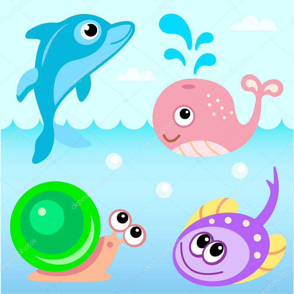 Water World dolphin, snail, electric ray fish and whale. Funny cartoon