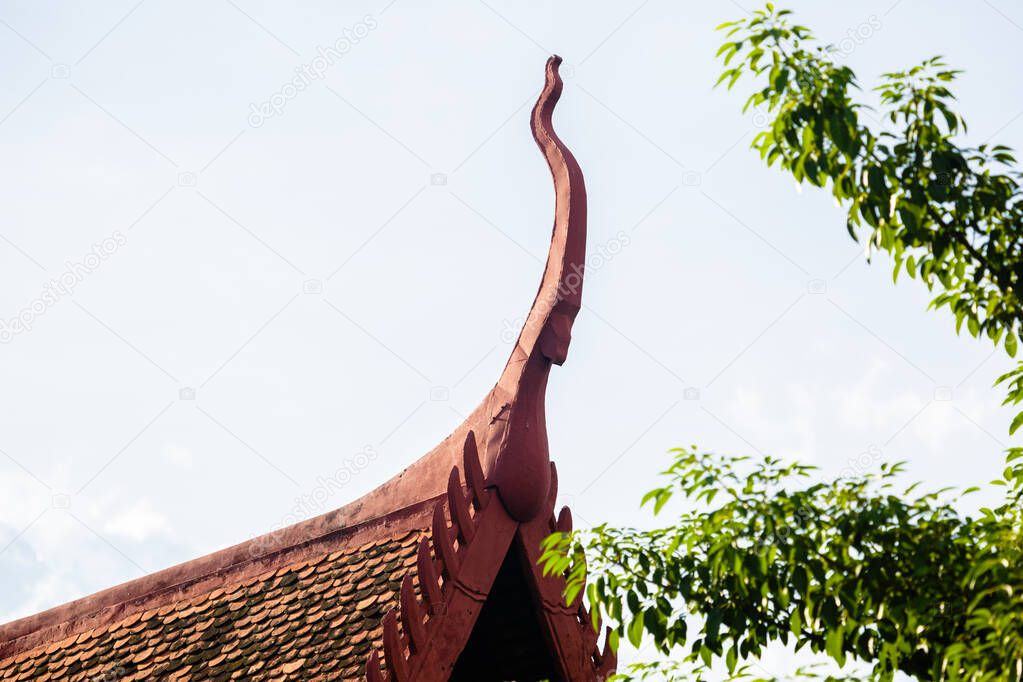 Image of decoration of roof. Pagoda architecture detail. Asian building.