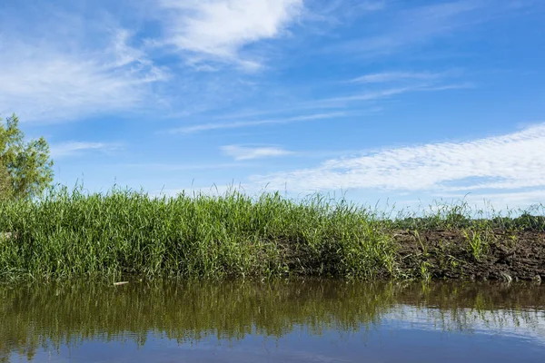 Peru ormanındaki nehrin görüntüsü. Amazon Ormanı 'nda bulutlar var. Açık doğa nehirde seyahat ediyor..
