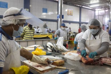 Lima, Lima - Peru - 28 Ekim 2020: Lima Peru 'daki balık pazarının resmi. COVID19 salgını sırasında geleneksel pazar. Satıcılar balıkları müşterilere temizler ve hazırlarlar..