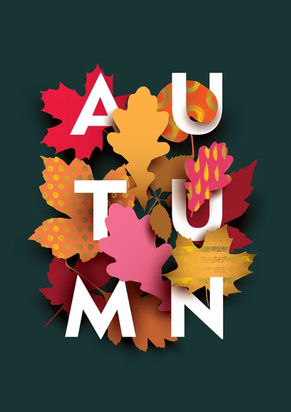 Podzimní karta s prvky různých rostlin na tmavém pozadí — Stockový vektor