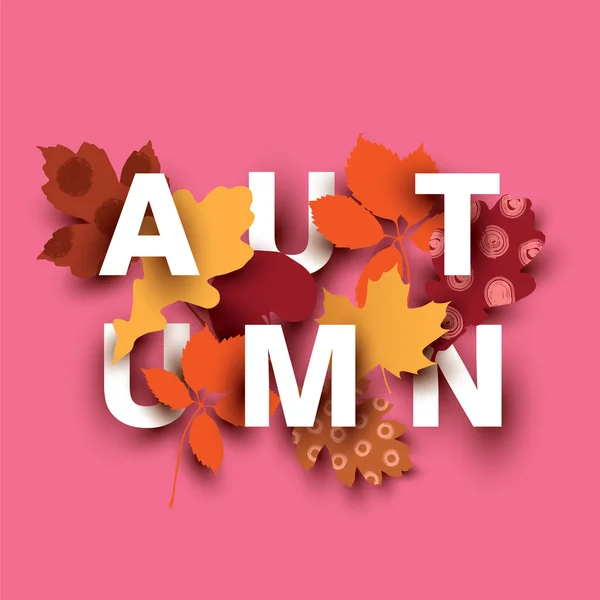 Podzimní karta s prvky různých rostlin na růžovém pozadí. — Stockový vektor