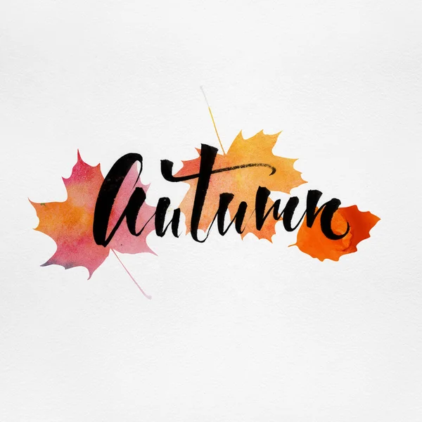 Autumn lettering with watercolor maple leaves. — Stock Photo, Image