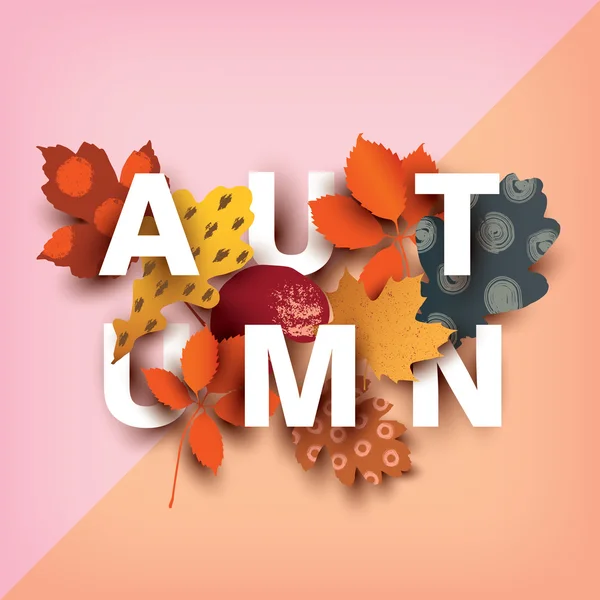 Podzimní karta s prvky různých rostlin na barevné pozadí. — Stockový vektor