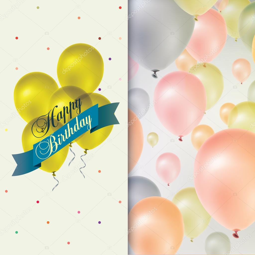 Realistic colorful Birthday card with balloons and confetti.
