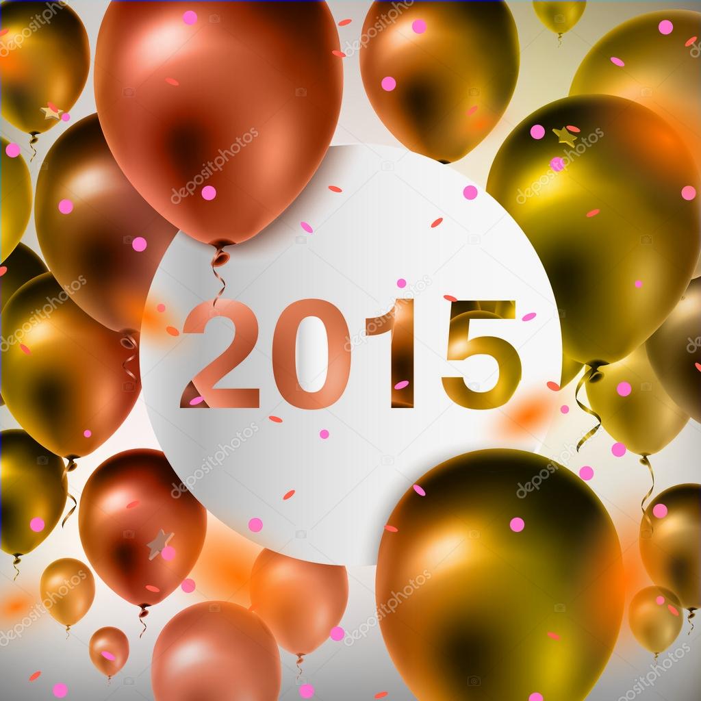 Happy New Year celebration background with gold balloons and confetti