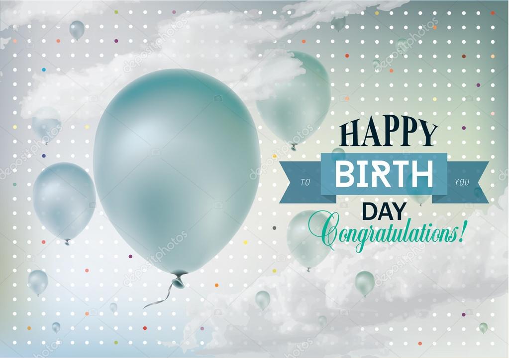 Realistic colorful Birthday greeting card with balloons and confetti.