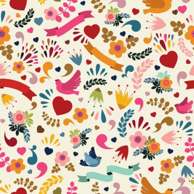 Cute seamless pattern with floral elements, birds and ribbons