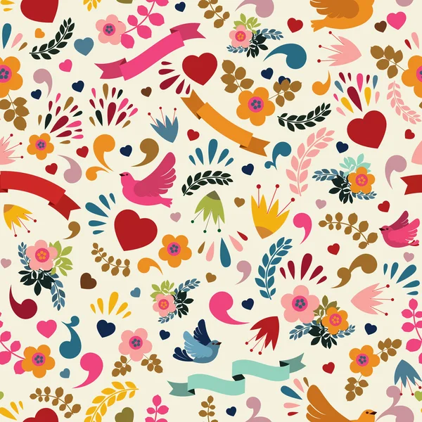 Niedliche nahtlose Muster mit floralen Elementen, Vögeln und Bändern — Stockvektor