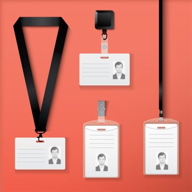 Collection of id cards with lanyard, retractor and clasp. clipart