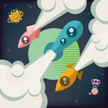 Üç roketler ve farklı yönlere uzaya uçmak contrails gezegenler, yıldızlar, uçan daireler arka planda bırakmak