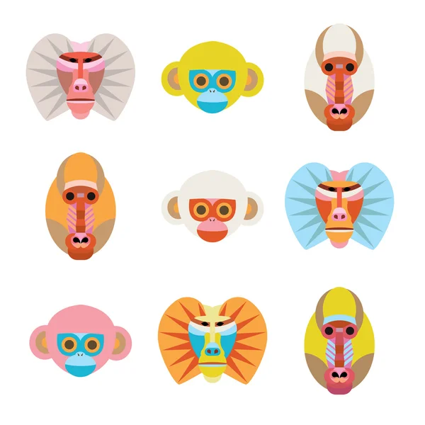 Set dari warna-warni wajah monyet kartun . - Stok Vektor