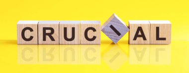 Tahta bloğa yazılmış kaba bir kelime. KRUCIAL kelime sarı masanın üzerinde duran ahşap yapı taşlarından yapılmıştır. CRUCIAL, iş konsepti, sarı arkaplan