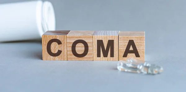 Coma Word Written Black Letters Wooden Cubes Grey Bsckground — Stock fotografie