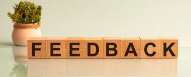 FEEDback kelimesi beyaz üzerine yapı taşları, arka plandaki saksıda çiçek..