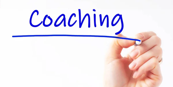 Handschrift Inscriptie Coaching Met Blauwe Marker Concept Voorraadafbeelding — Stockfoto