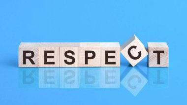 Tahta küpe saygı, hisse senedi konsepti. Metin saygısı küplere siyah harflerle yazılmıştır. Küpler mavi cam bir yüzey üzerindedir. Sözcük işleme, kelimelerin ortaya çıkışından etkilenir..