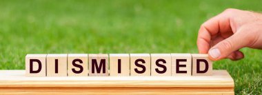 Tahta bloklarla yazılmış bir kelime. Elinde tahta küp bloğu olan yeşil çimenlik arka planda özel bir iş sözcüğü olan bir adam..