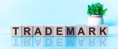 TRADEMARK - mavi eğimli arkaplan üzerinde ahşap küpler metin. Sözcük TRADEMARK siyah harflerle yazılır ve masanın ayna yüzeyine yansıtılır. Ön görüş kavramları, arka planda çiçekler.