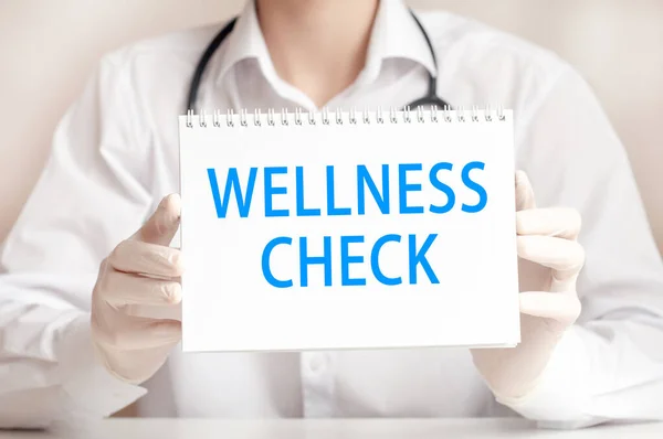 Doctor showing a card with text WELLNESS CHECK, medicine concept
