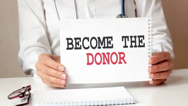 Become Donor Card Hands Medical Doctor Doctor Hands Sheet Paper — Stock Photo, Image