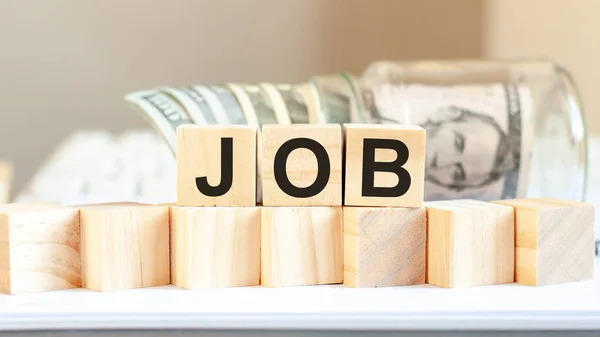 Job Palabra Escrita Bloques Madera Moneda Americana Dinero Concepto Financiero — Foto de Stock