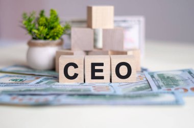 Hesap makinesi ve kelime CEO 'suyla dolar banknotu. Banknotlar ve harfli tahta küpler. Tahta bloklu CEO konsepti. CEO - Genel Müdür 'ün kısaltılmışı.