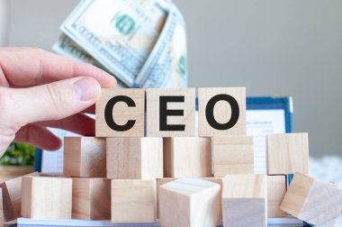 Tahta blokların CEO 'su ve arka planda parası olan bir banka, iş konsepti. CEO - Genel Müdür.