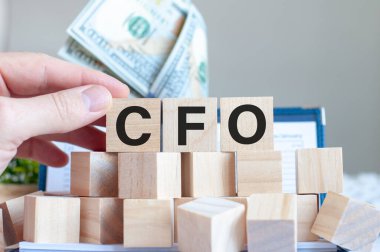 Tahta bloklarda finans müdürü ve arka planda parası olan bir banka, iş konsepti. Finans Müdürü - Finans Müdürü.