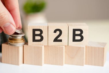 Tahta küplere B2B yazılıydı. Bir adamın eli sikkeleri küpün yüzeyine yerleştirir. Arka planda saksıdaki yeşil bitki. B2B - İş Dünyası 'nın kısaltması, iş kavramı.