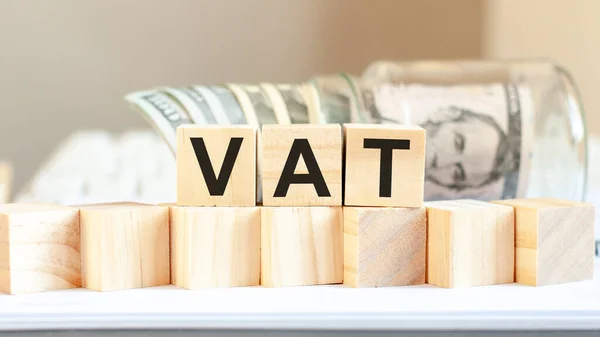 Vat Word Written Wooden Blocks American Currency Money Financial Concept — Stock Photo, Image