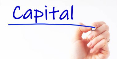 Mavi renk kalemli el yazısı sermayesi, kavram, hisse senedi resmi