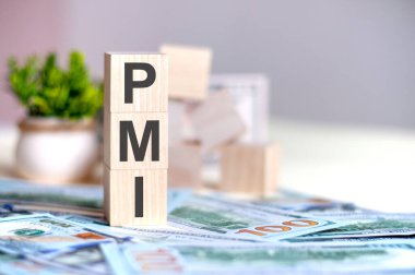 Wooden cubes with the letters PMI arranged in a vertical pyramid on banknotes, green plant in a flower pot on the background. PMI - short for Project Management Institute, business concept. clipart