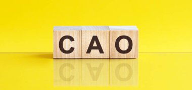 cao word written on wood block. cao word is made of wooden building blocks lying on the yellow table, business concept. CAO short for Chief Accounting Officer