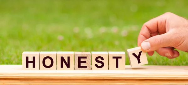 Word Honesty Written Wooden Blocks Man Hand Holding Wooden Cube — Fotografia de Stock
