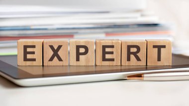 ExPERT kelimesi bir not defterinin üzerinde duran tahta küplere yazılmıştır, arka planda seçici odaklı bir yığın belge vardır. İş, eğitim, finansal konsept için kullanılabilir.