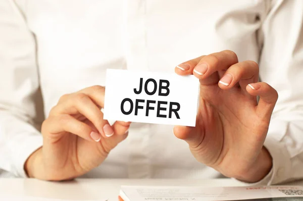 Woman White Shirt Holds Piece Paper Text Job Offer Business — Foto de Stock