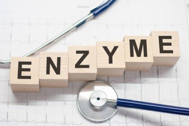Ahşap blok, enzim kelimesi ile doktorun masasında steteskop oluşturur. Hastane, klinik ve tıp sektörü için sağlık hizmetleri kavramı