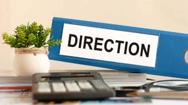 yön - hesap makinesi, kalem ve yeşil saksı bitkisi içeren mavi klasör, konsept