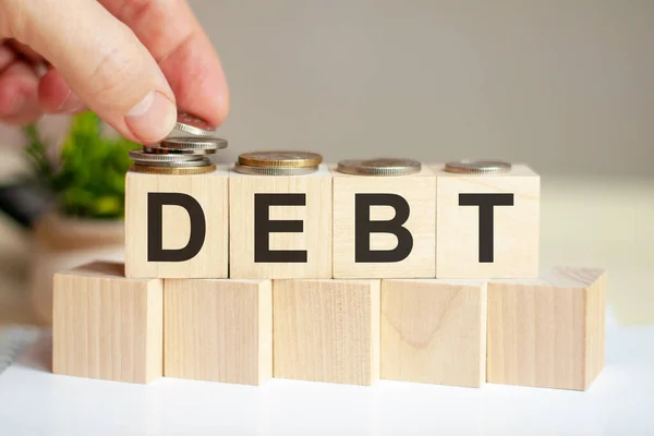 the word debt written on wood cubes. a man\'s hand places the coins on the surface of the cube. green potted plant on the background. business and finance concept