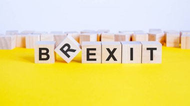 Brexit kelimesi, sarı masanın üzerinde duran ahşap yapı taşlarından yapılmıştır.